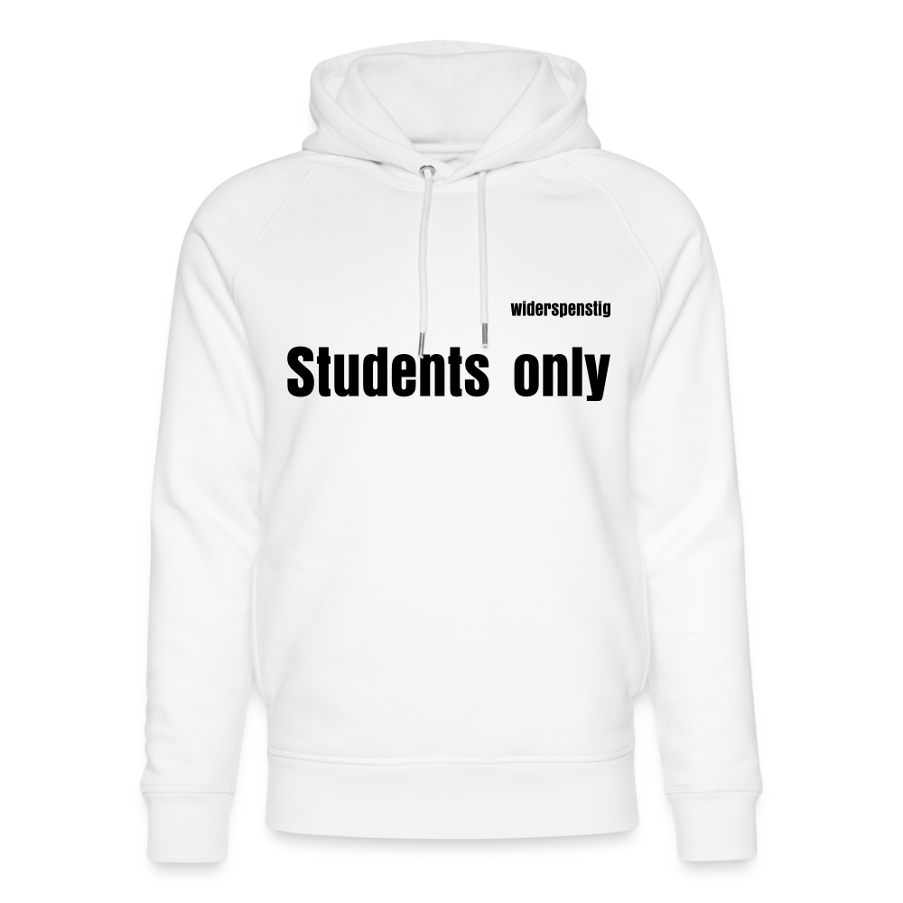 White men's hoodie with 'Students only' text and 'widerspenstig' branding, featuring a cozy design and sporty style.