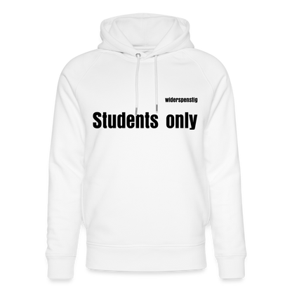 White men's hoodie with 'Students only' text and 'widerspenstig' branding, featuring a cozy design and sporty style.