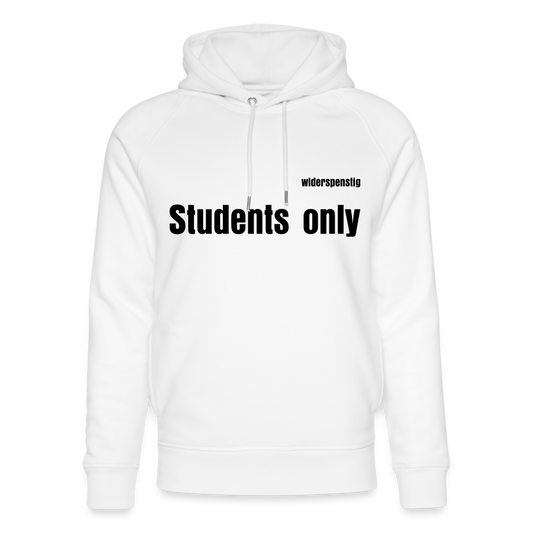 White men's hoodie with 'Students only' text and 'widerspenstig' branding, featuring a cozy design and sporty style.