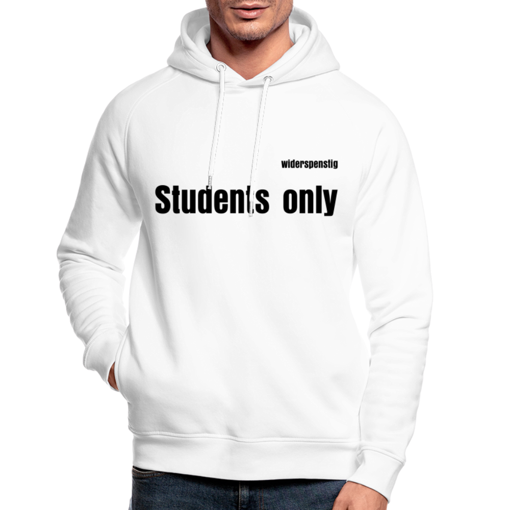 Männer Bio-Hoodie in Weiß mit dem Aufdruck 'widerspenstig Students only' für sportlichen Komfort.