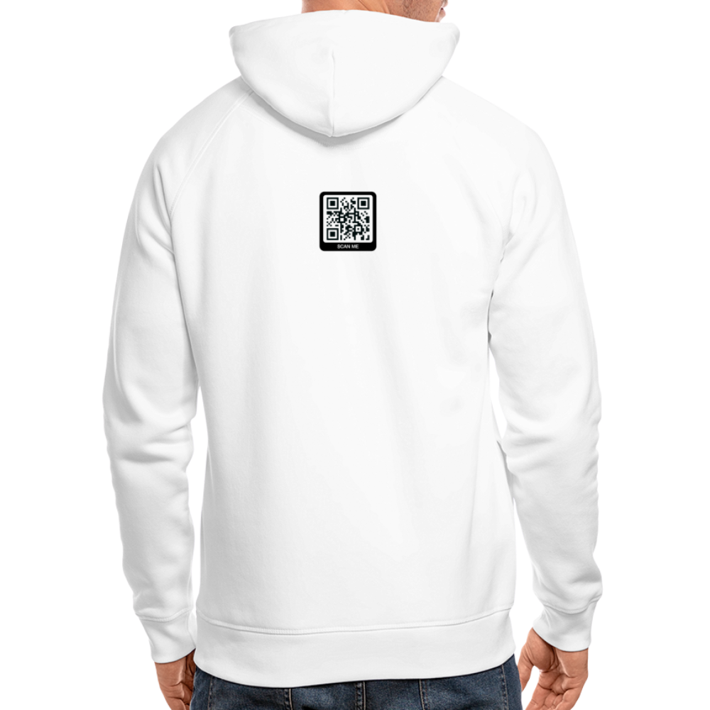 White men's bio hoodie with QR code on the back, perfect for casual style and comfort.