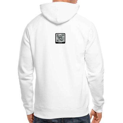 White men's bio hoodie with QR code on the back, perfect for casual style and comfort.