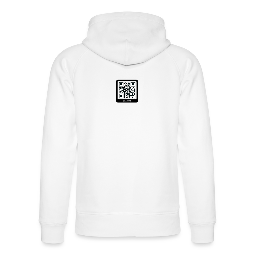 Hinteransicht eines weißen Bio-Hoodies mit QR-Code auf der Rückseite, perfekt für lässige Styles.